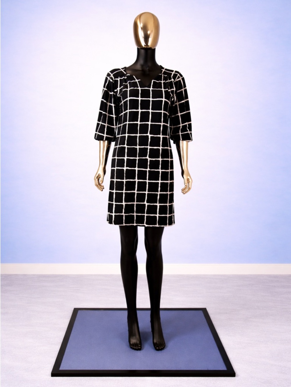 Women’s Black Windowpane Shift Dress with White Grid
